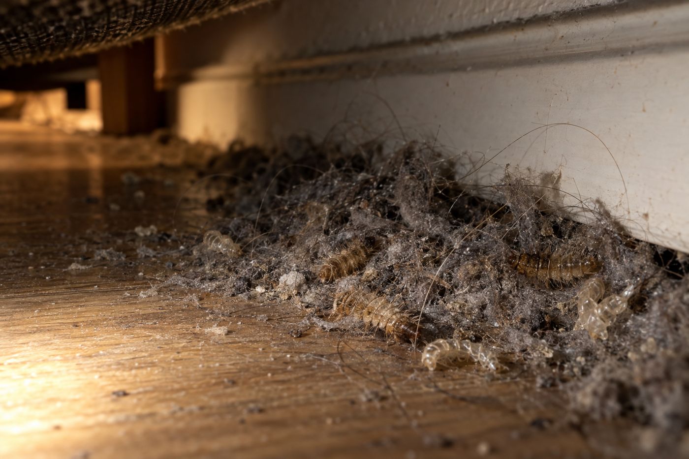 Carpet beetle larvae and their empty shed skins in dust under a bed along the baseboard