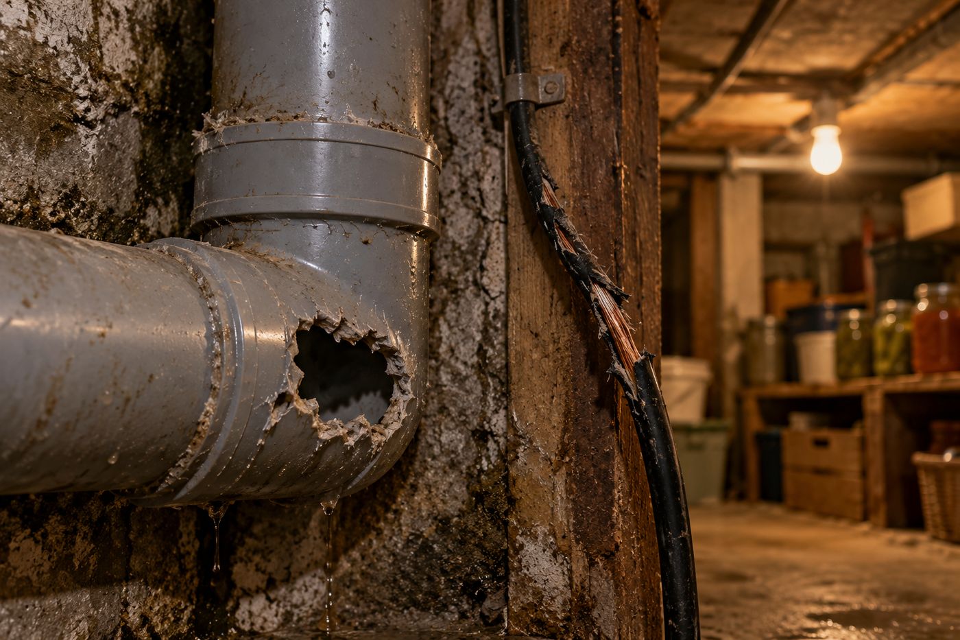 Plastic pipe in a basement gnawed through by a rat with a cable sticking out