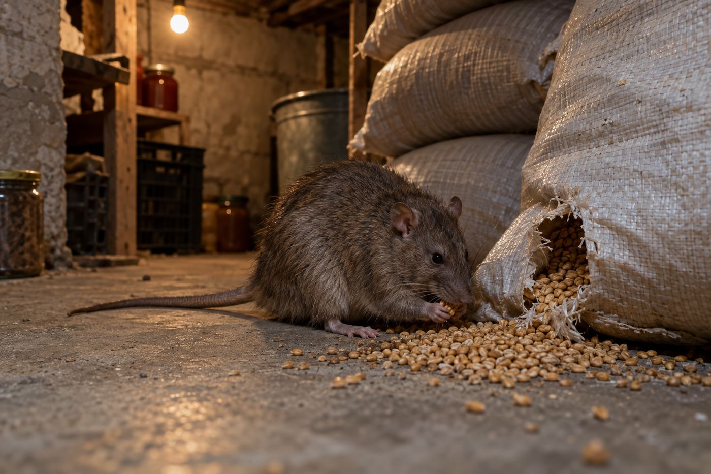 Brown Norway rat next to grain sacks in a basement