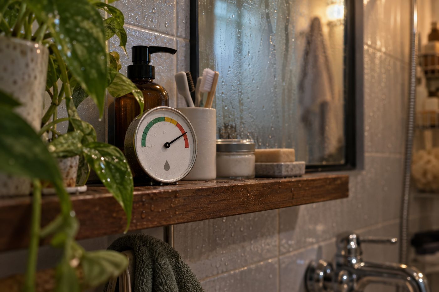 Hygrometer in a bathroom showing high humidity, with condensation on the mirror