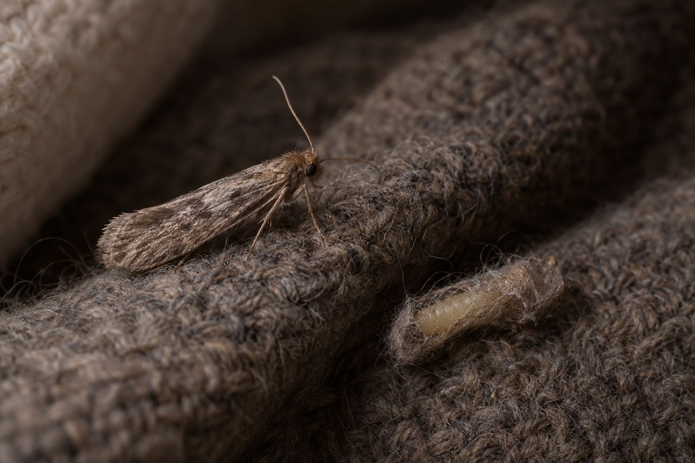 Clothes moth adult on wool fabric next to a larva in its silk case