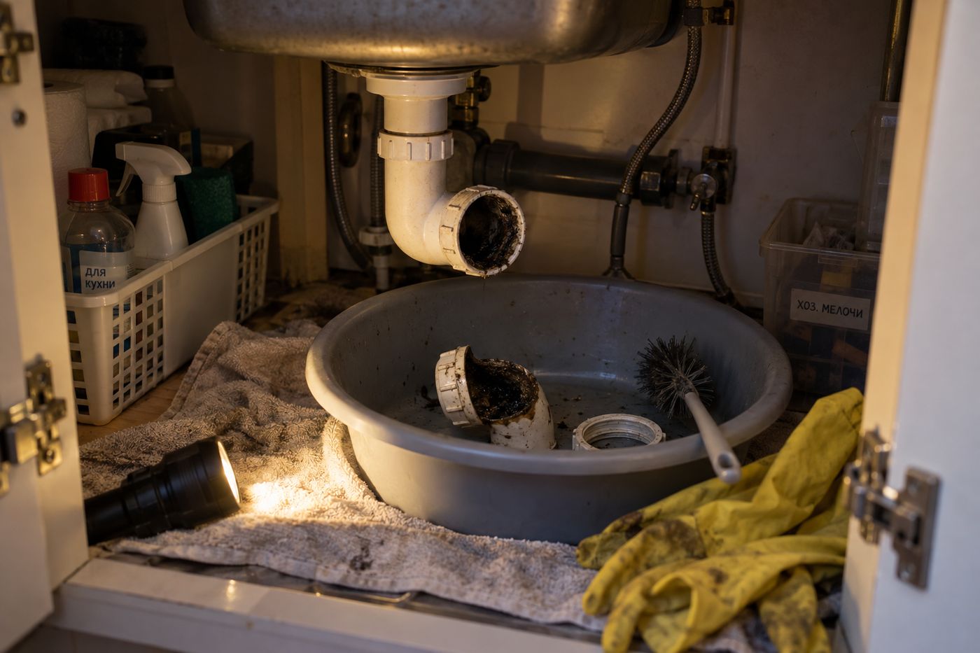 Disassembled sink P-trap with dark slime inside and a pipe brush