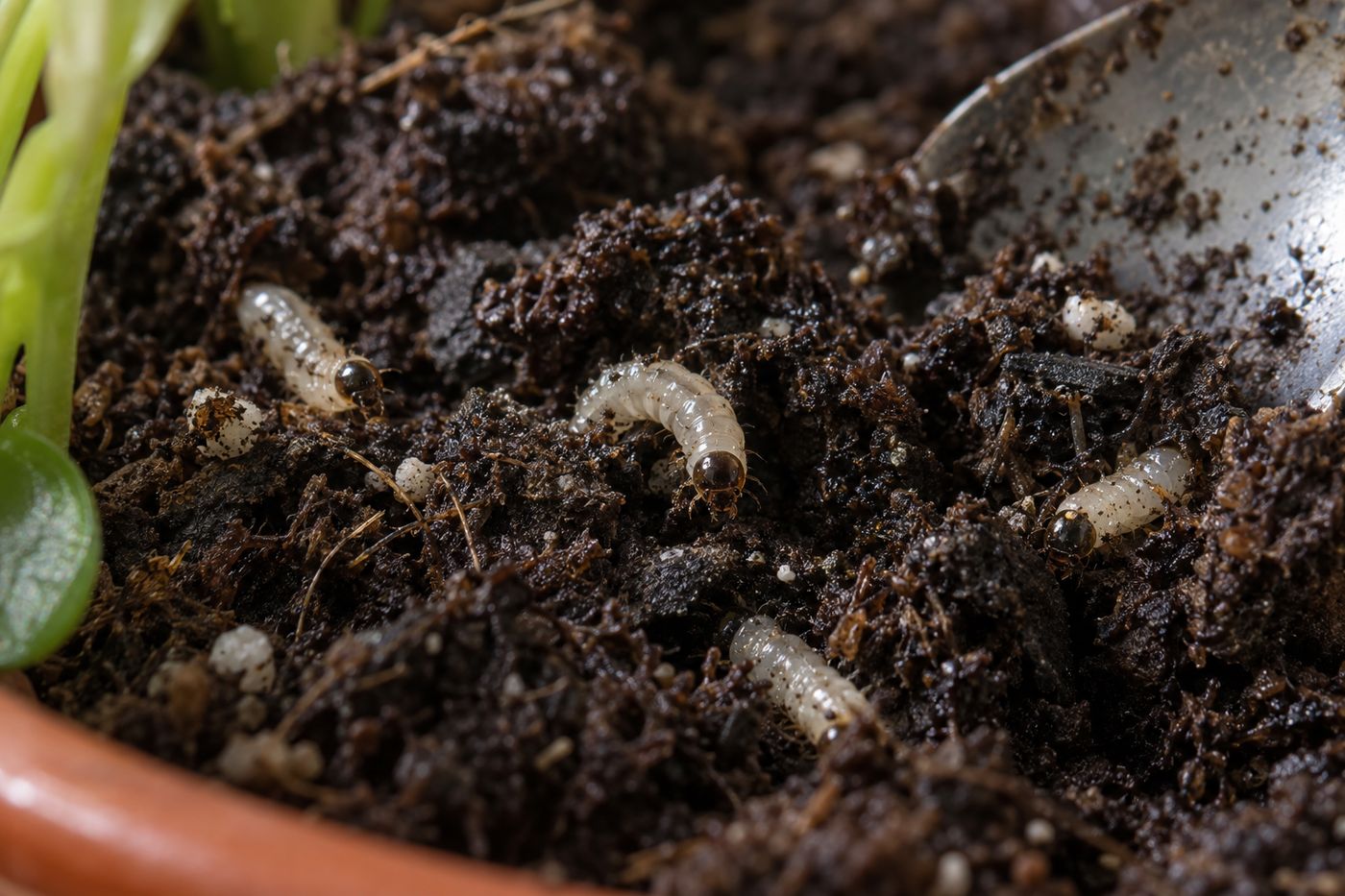 Fungus gnat larvae in wet topsoil: translucent worms with shiny black heads