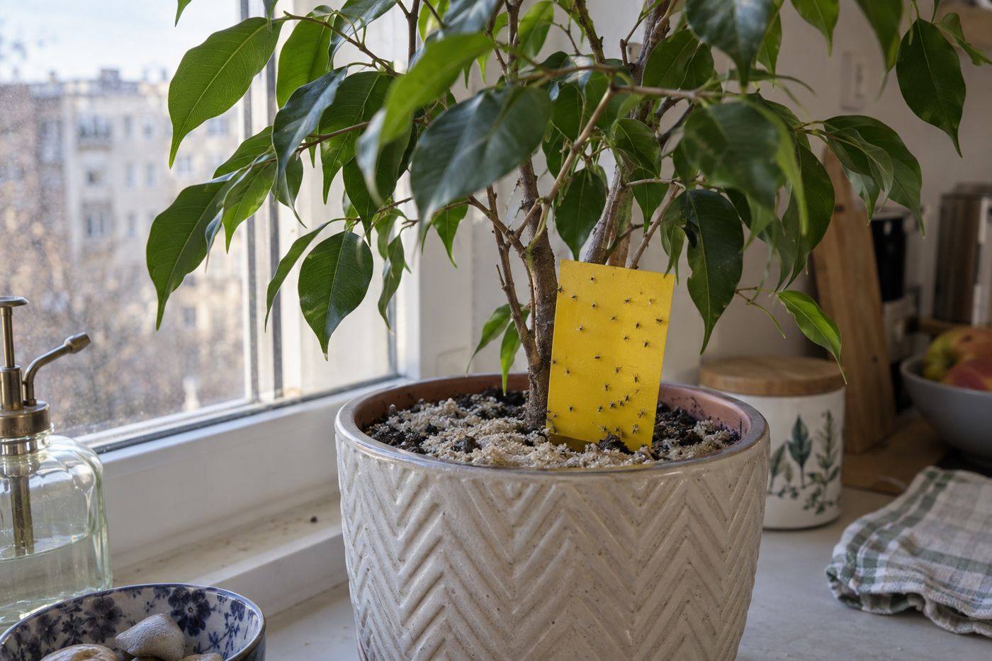 Yellow sticky card in a houseplant pot with black fungus gnats stuck to it, sand on the soil surface