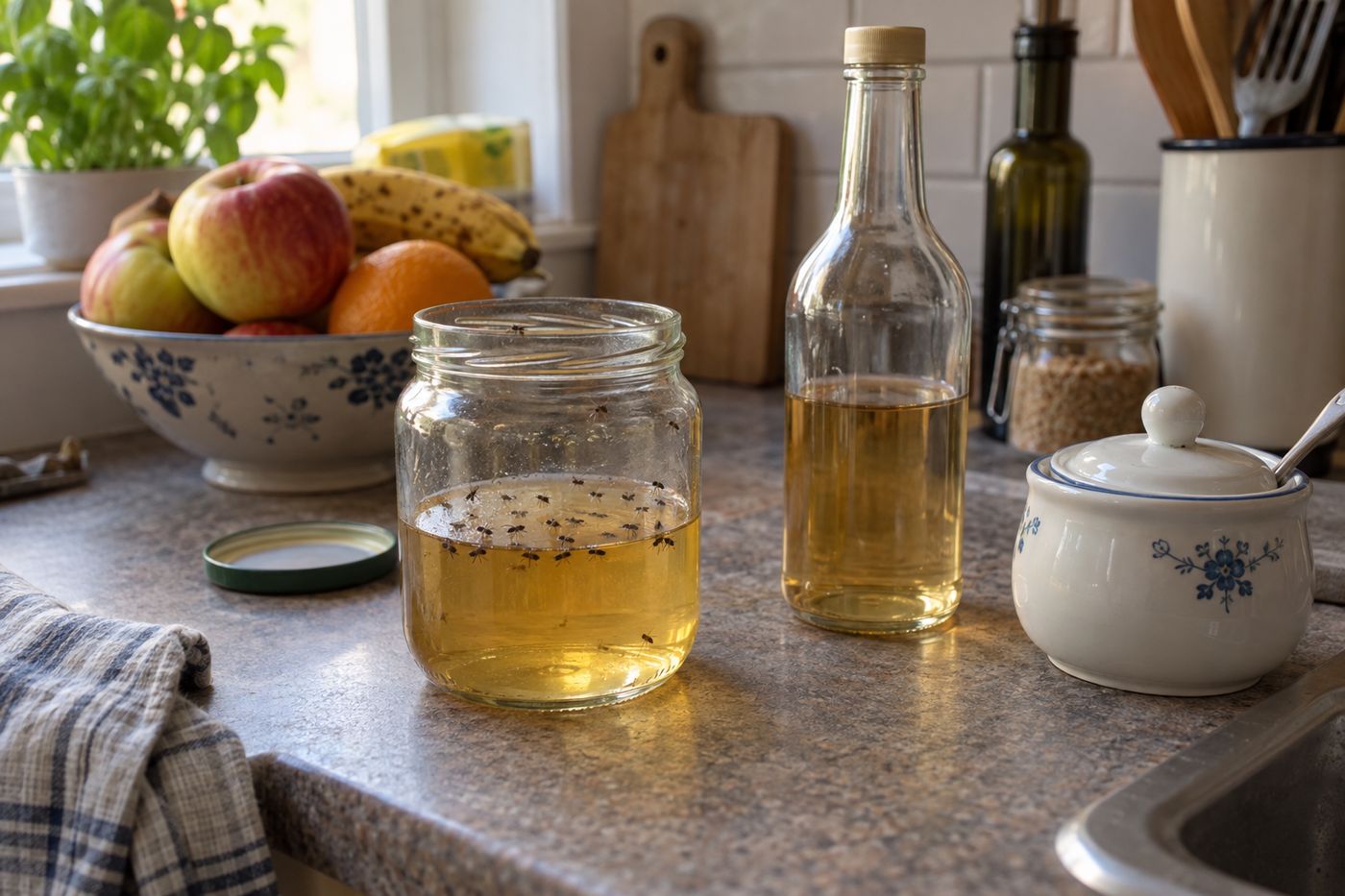 Glass jar trap with vinegar, sugar and dish soap on a kitchen counter, with caught fruit flies floating inside