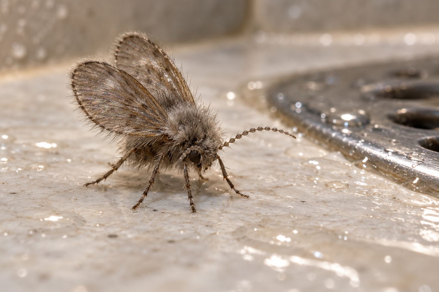 Gray fuzzy drain fly with roof-shaped wings resting on bathroom tile near a drain