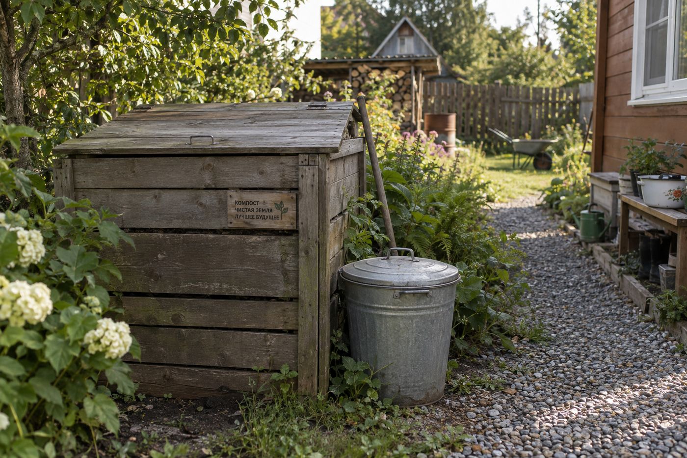 Compost bin with a closed lid and a covered kitchen scrap bucket in a backyard