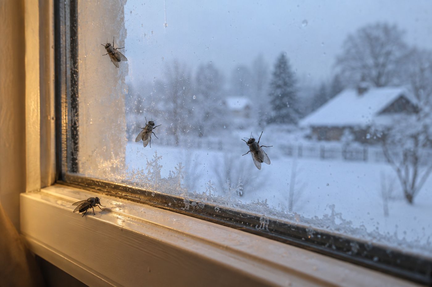 Sluggish flies crawling on a window pane on a cold winter day