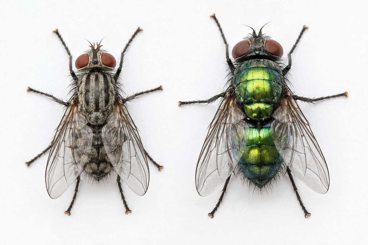 House fly and a larger blow fly side by side on a light surface for comparison