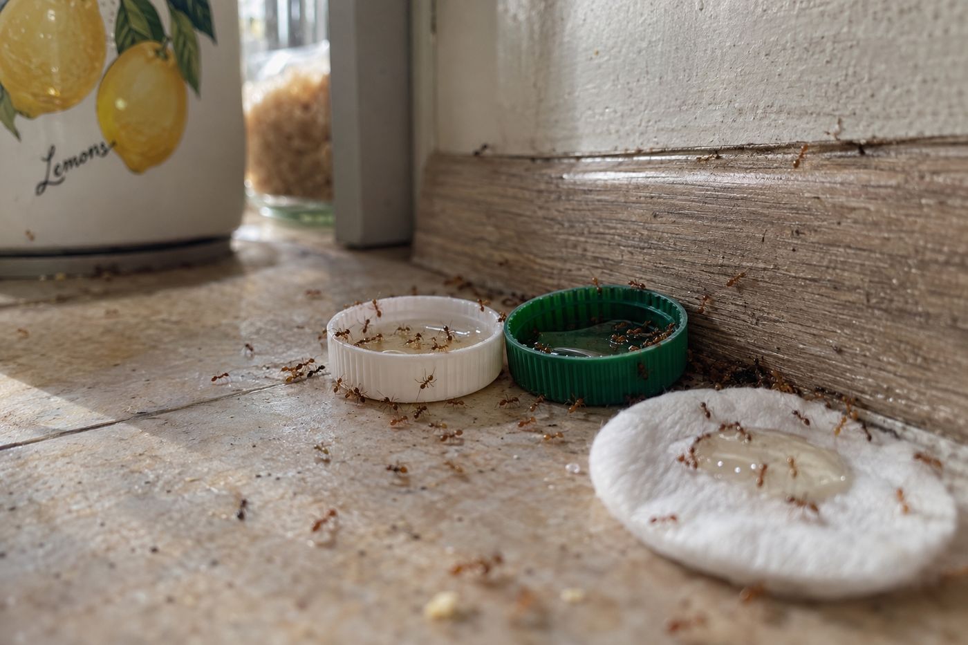 Ants gathered around bottle caps of sweet liquid bait next to a baseboard