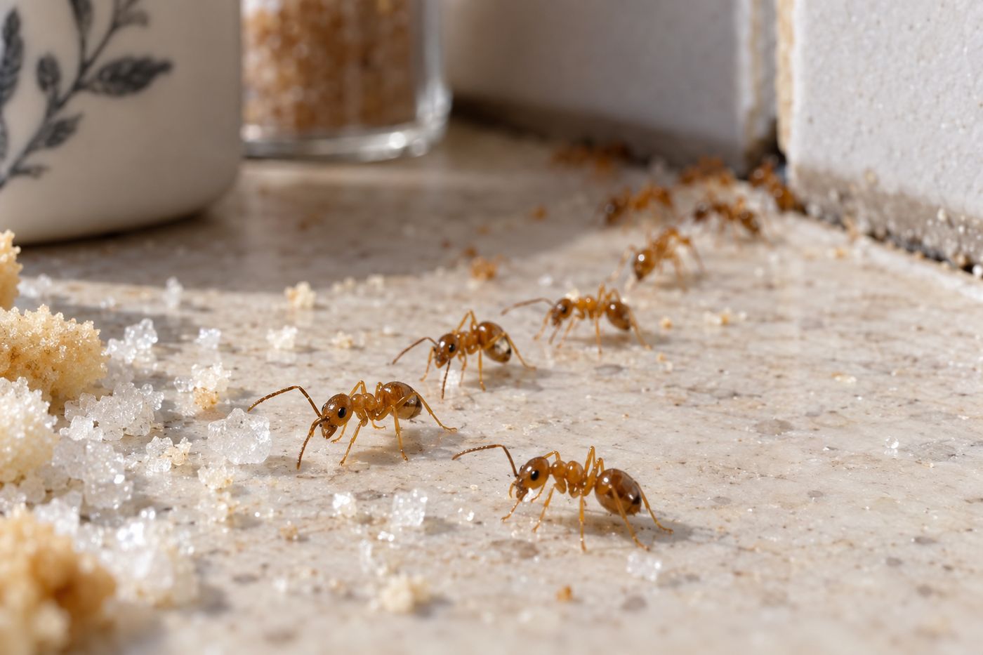 Trail of small ants on a kitchen counter leading to a sugar bowl