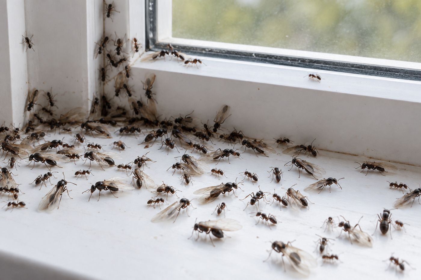 Dozens of winged ants gathered on a white windowsill, some already without wings