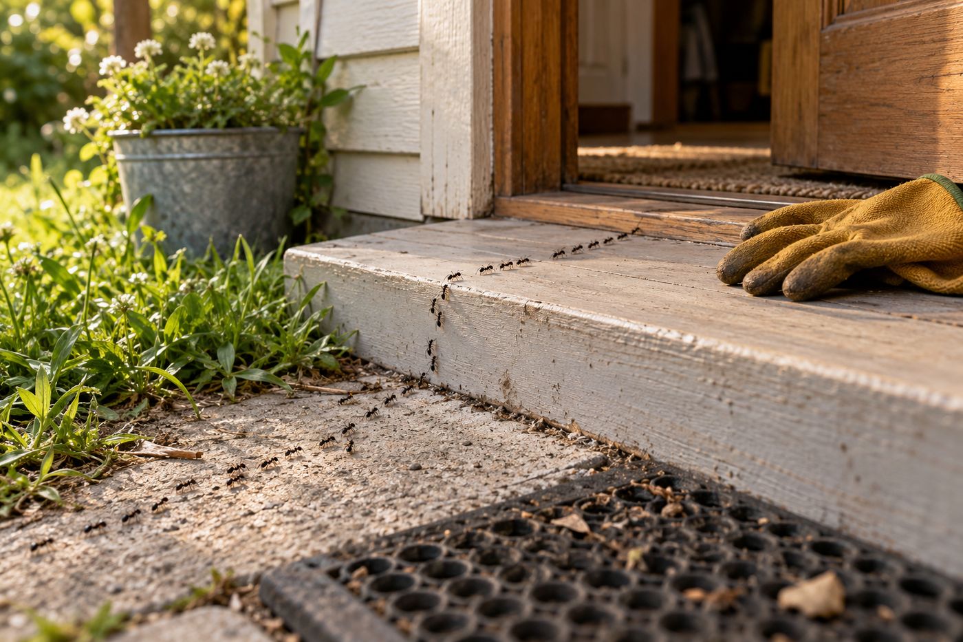Trail of black ants crossing a wooden door threshold of a house