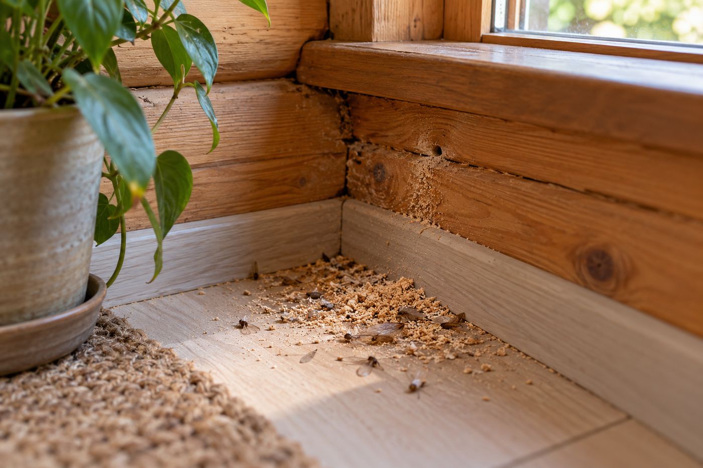 Pile of coarse wood shavings beneath a wooden window sill, a sign of carpenter ants