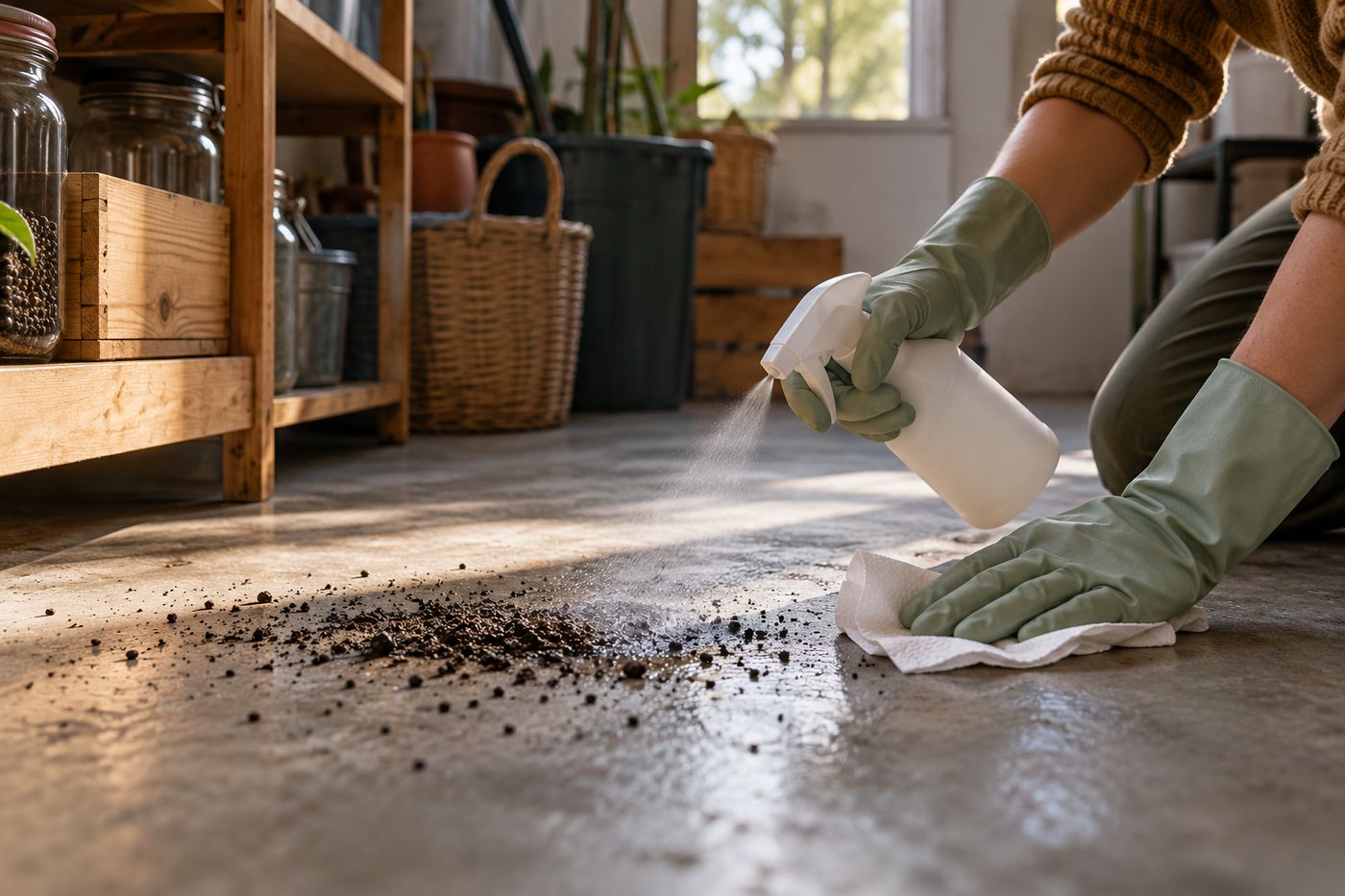 Gloved hand cleaning up mouse droppings with a paper towel and disinfectant spray