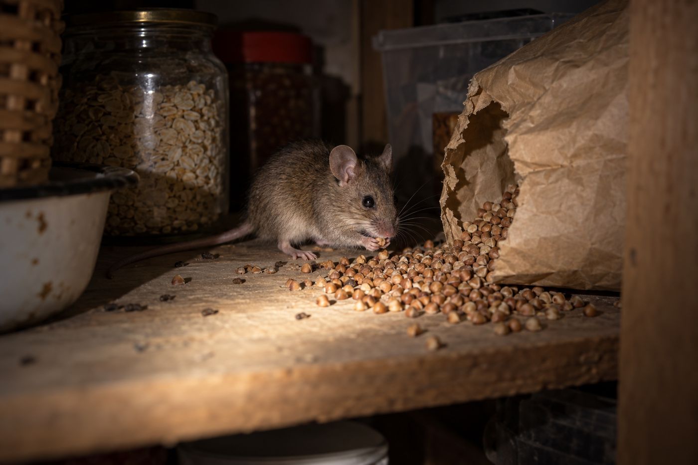 House mouse next to a chewed bag of grain on a pantry shelf