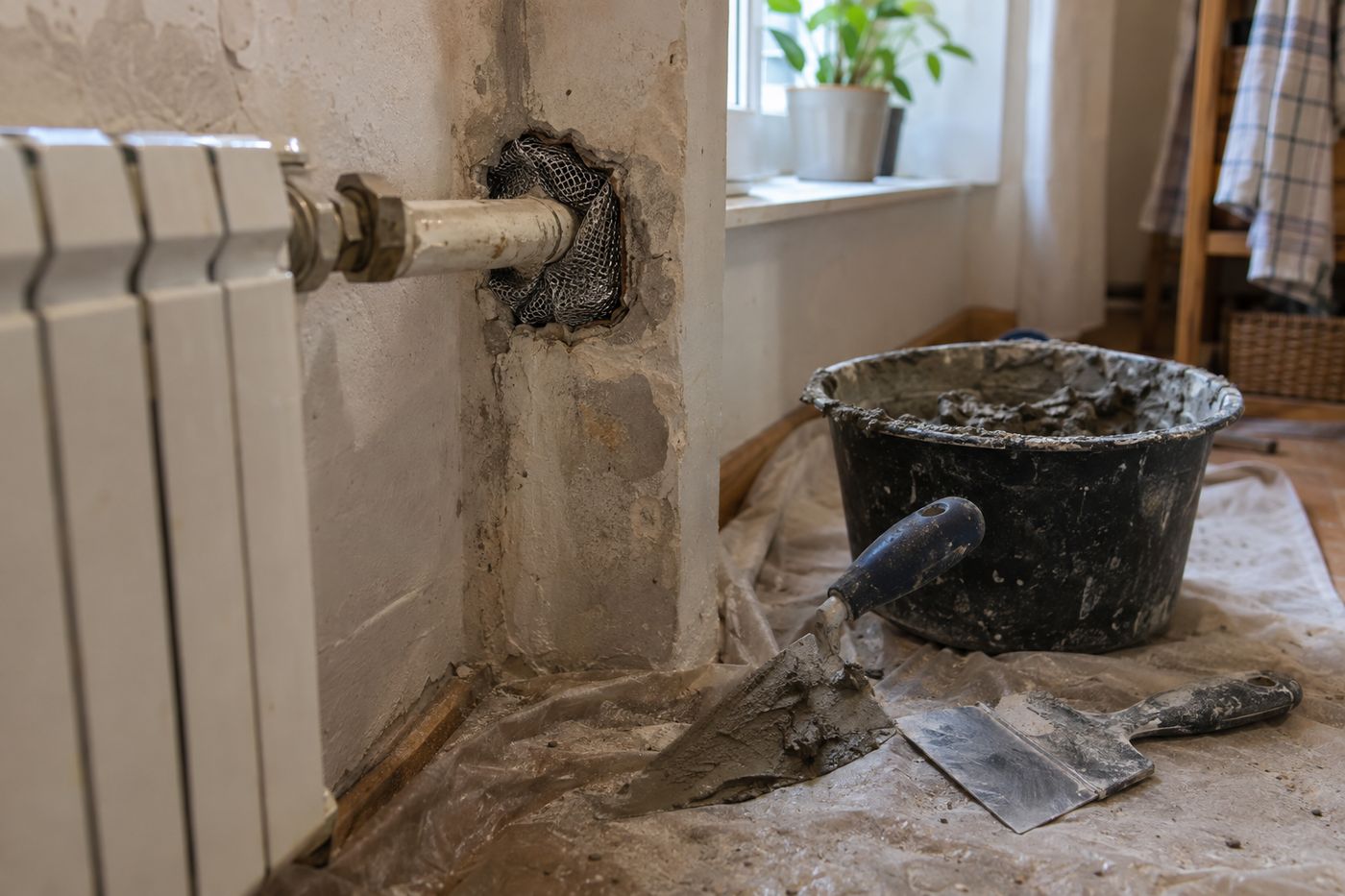 Gap around a pipe stuffed with metal mesh before sealing