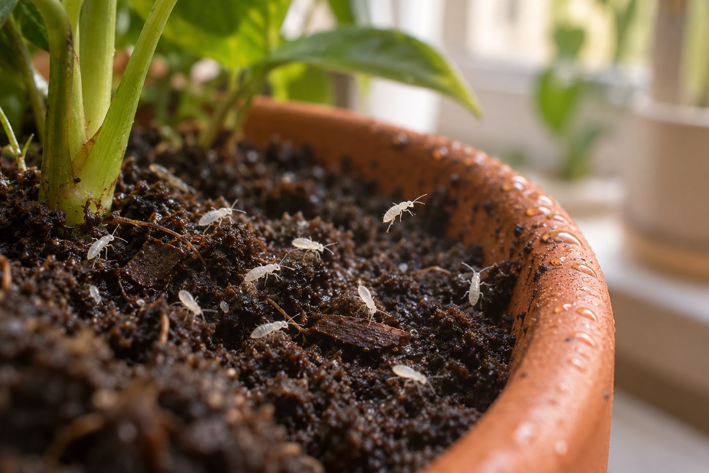 Tiny white springtails on the surface of damp potting soil