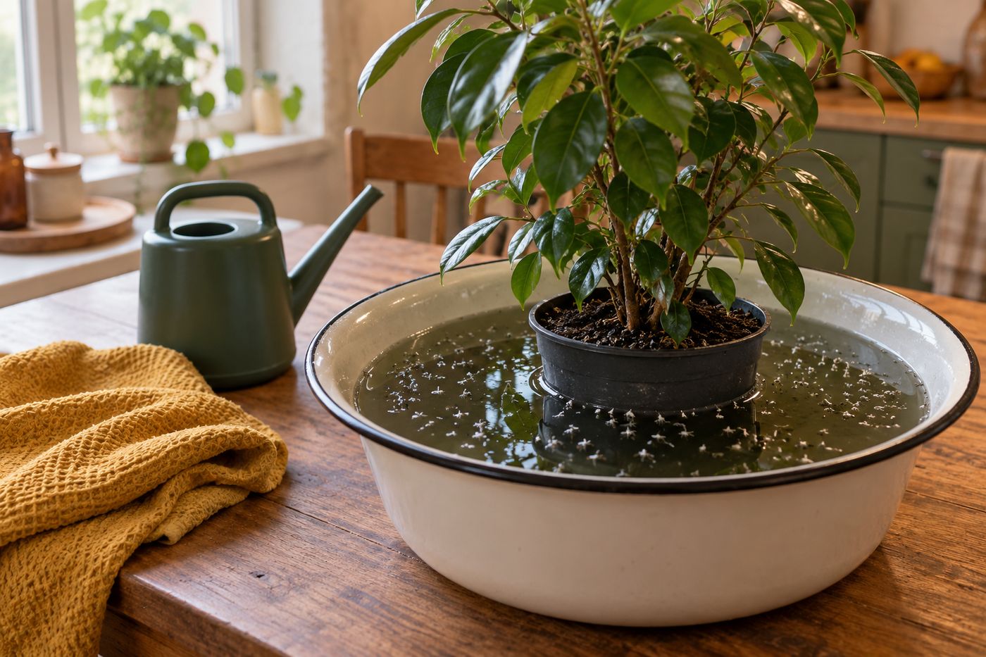 Houseplant pot submerged in a basin of water with white springtails floating on the surface