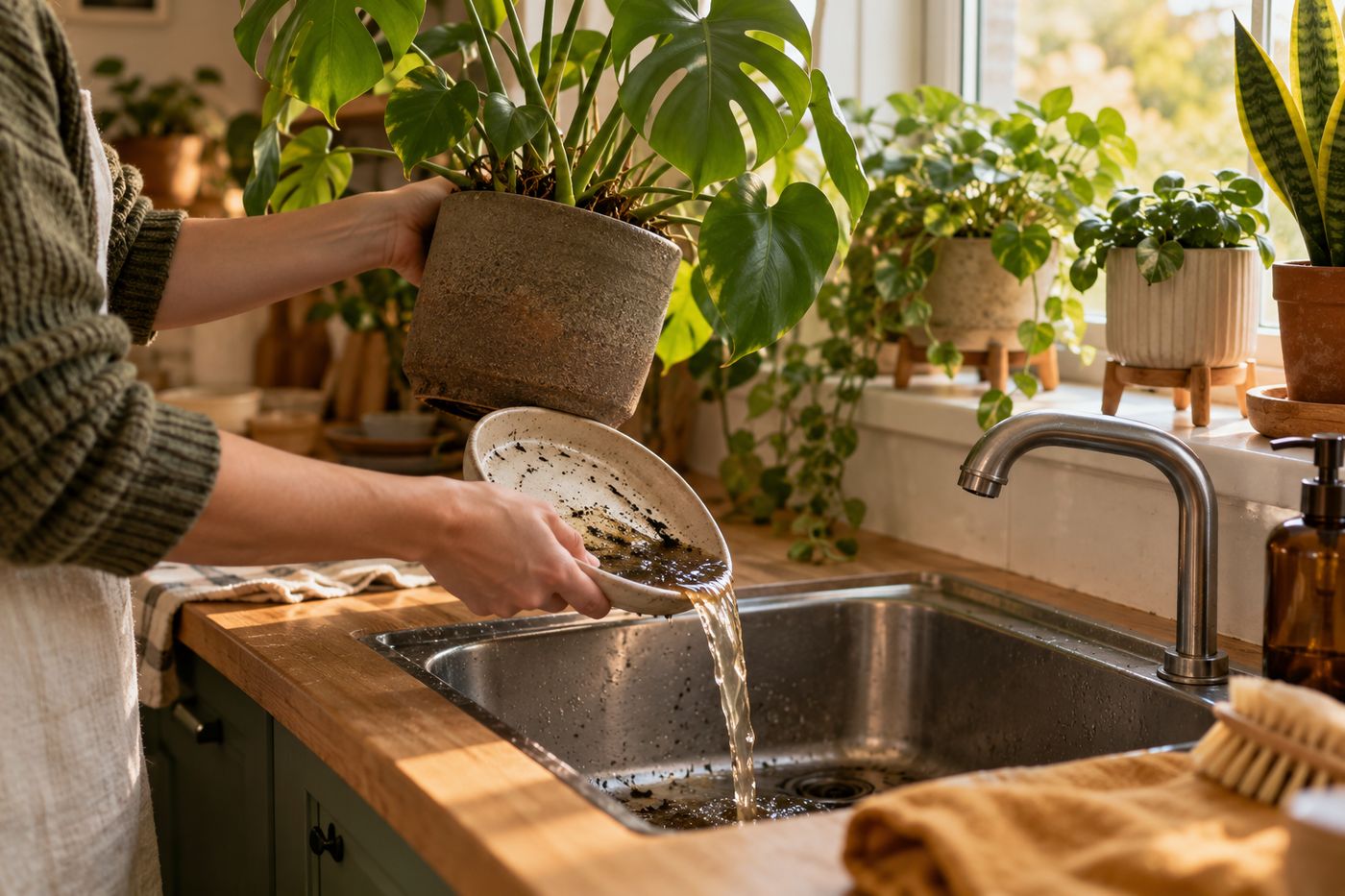Hand pouring water out of a houseplant saucer into a sink