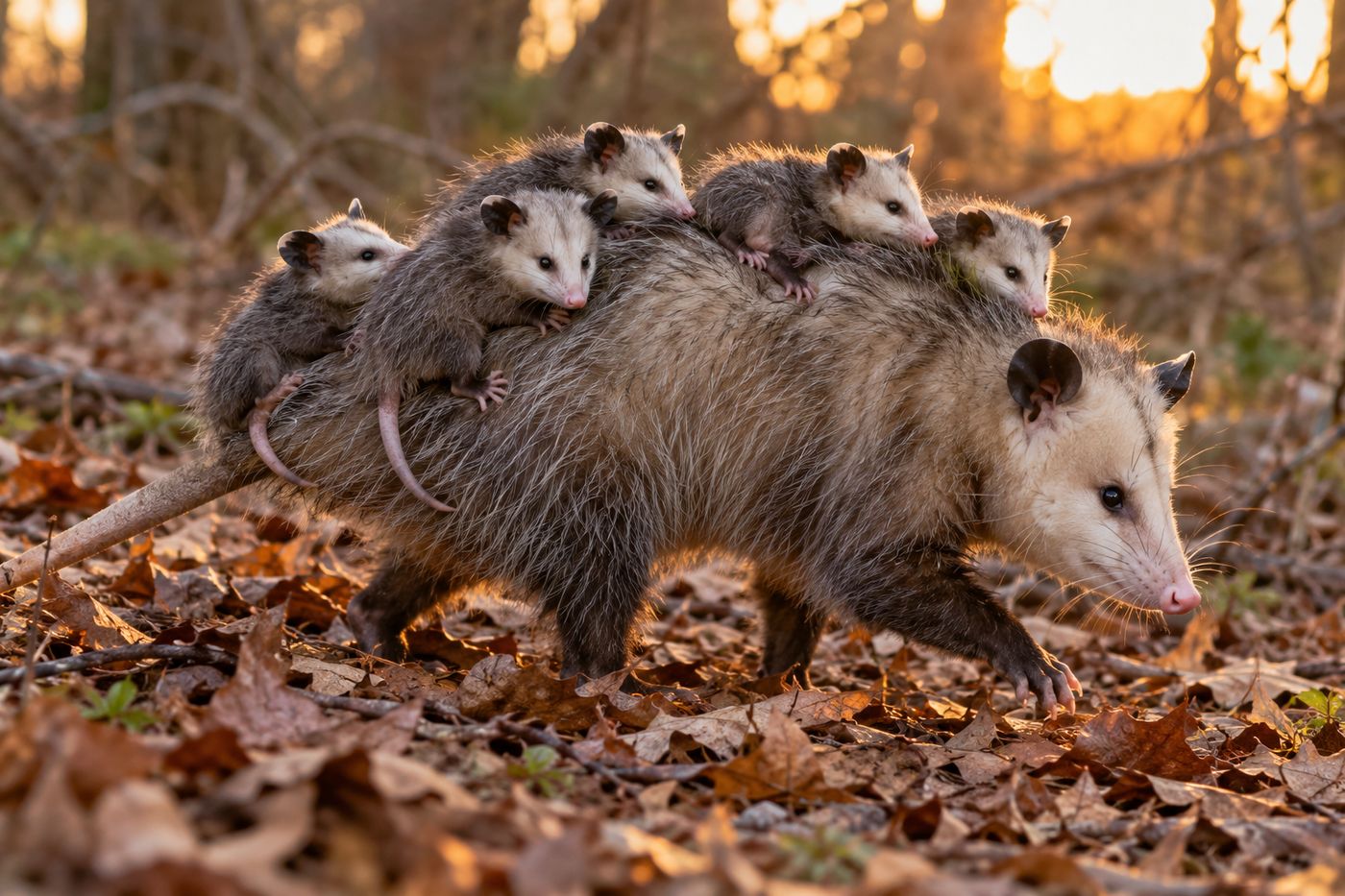 Female opossum carrying several young on her back