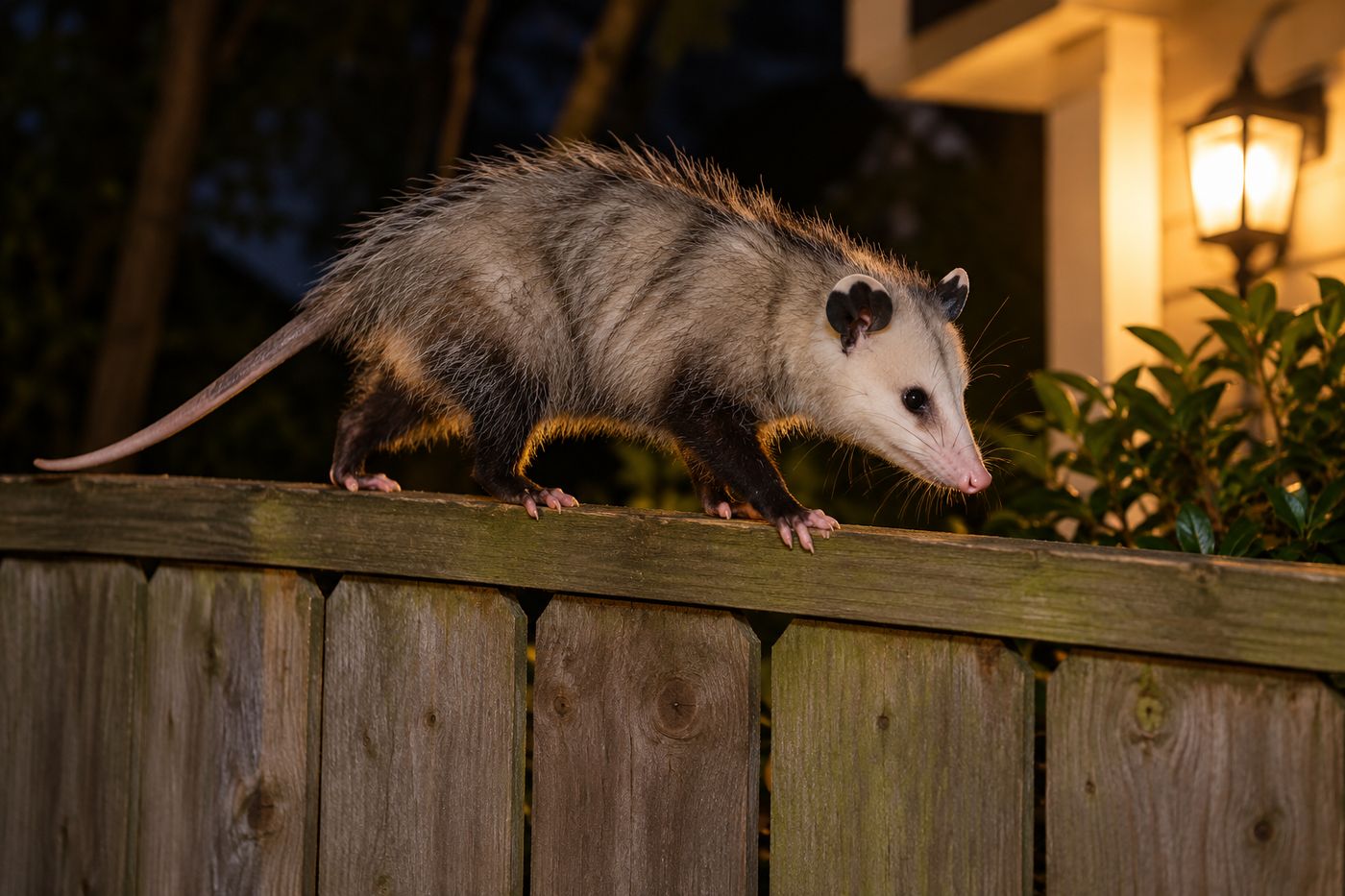 Virginia opossum walking along a backyard fence at night