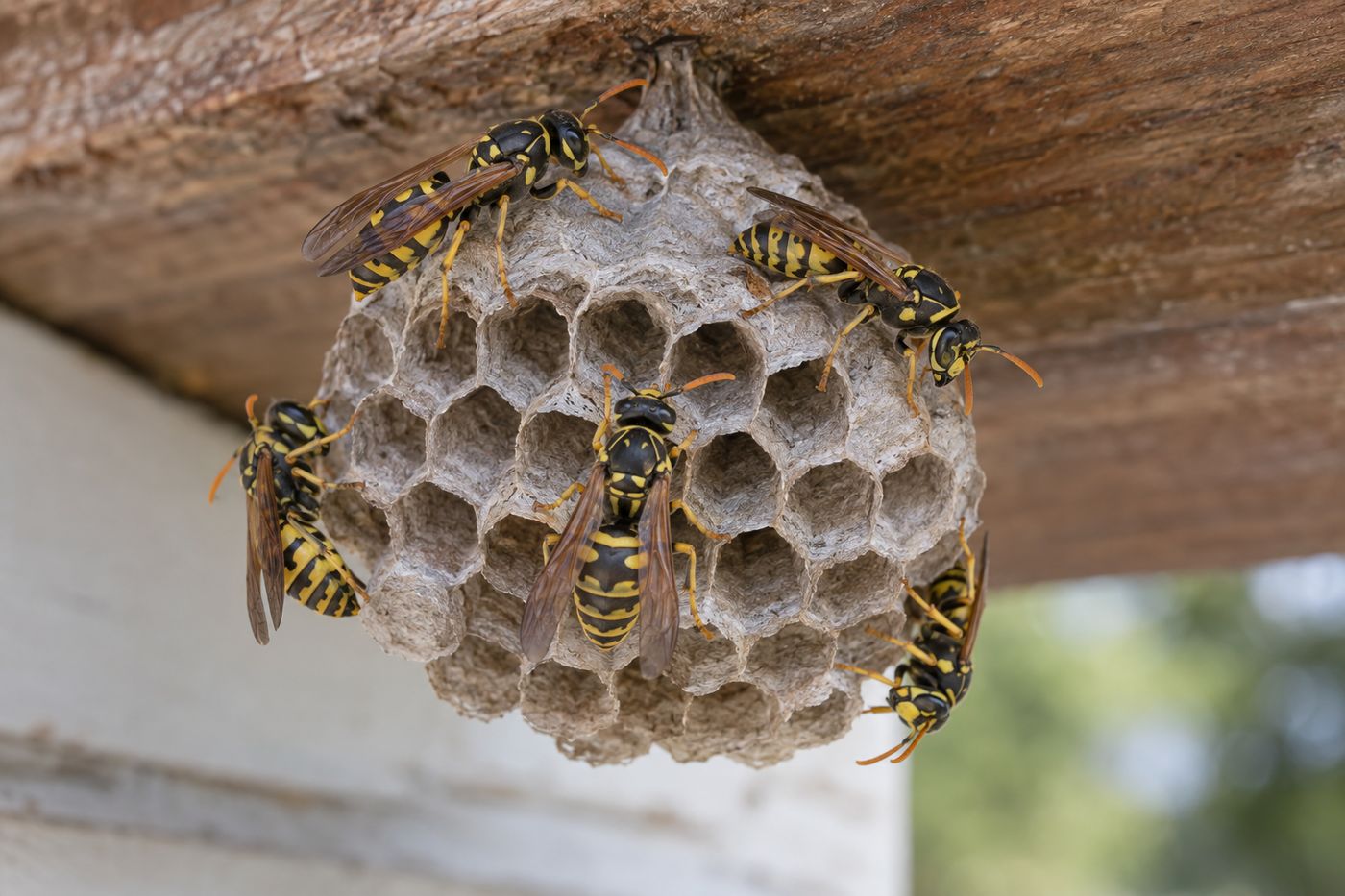 Wasps on a paper nest under a roof overhang