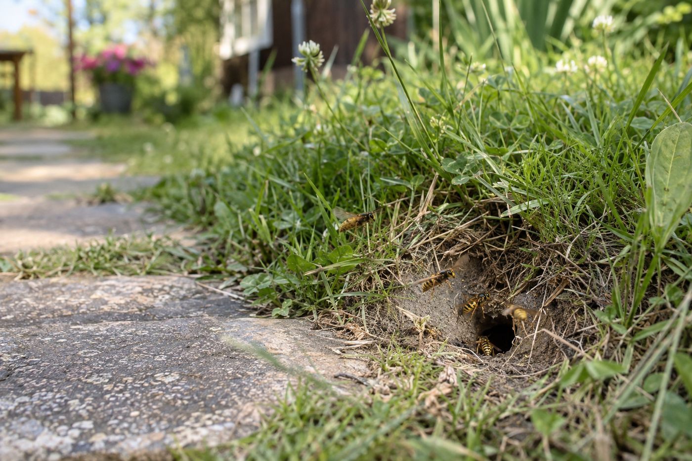 Yellow jackets flying in and out of a hole in the grass next to a path