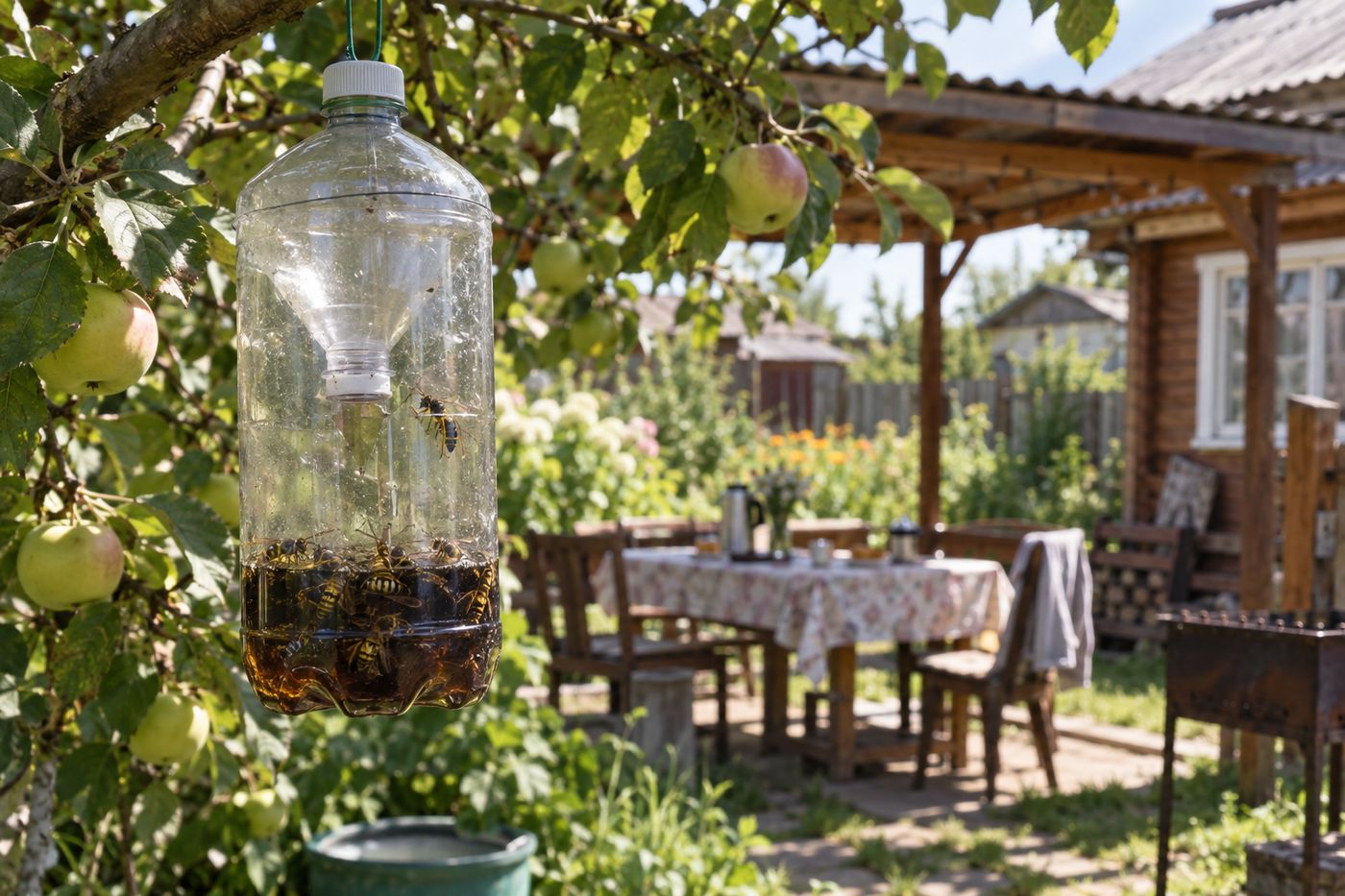 Plastic bottle wasp trap baited with liquid hanging in a fruit tree away from the table