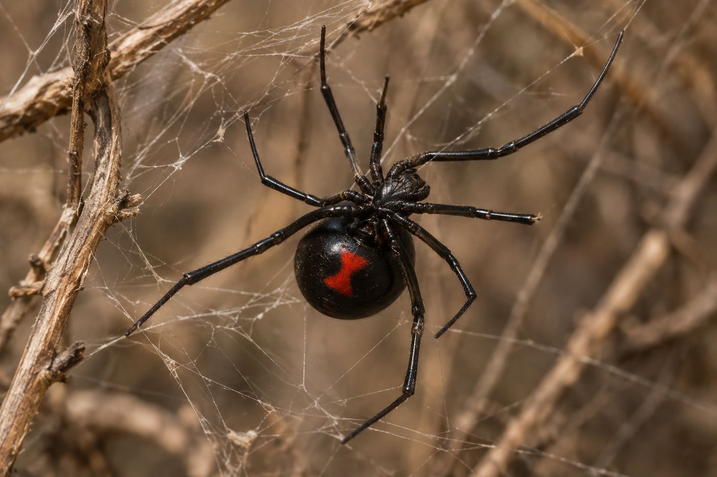 Female black widow spider with a red hourglass on a tangled web among dry twigs