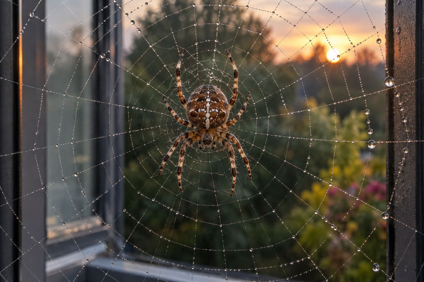 Cross orb weaver with a white cross pattern on its abdomen in the center of an orb web