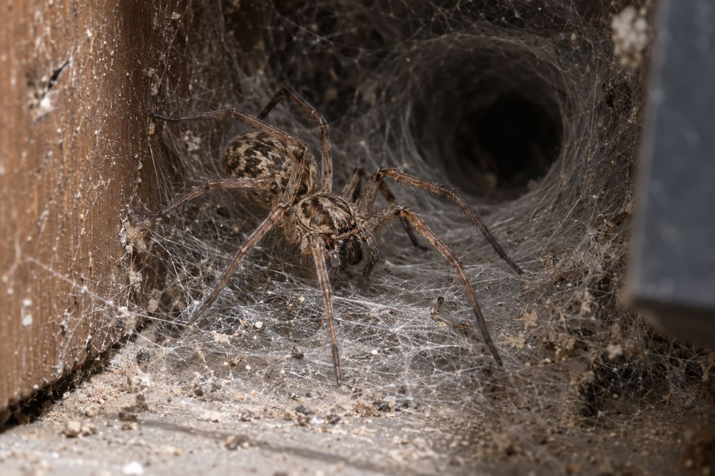 Barn funnel weaver house spider at the mouth of a funnel web behind a cabinet