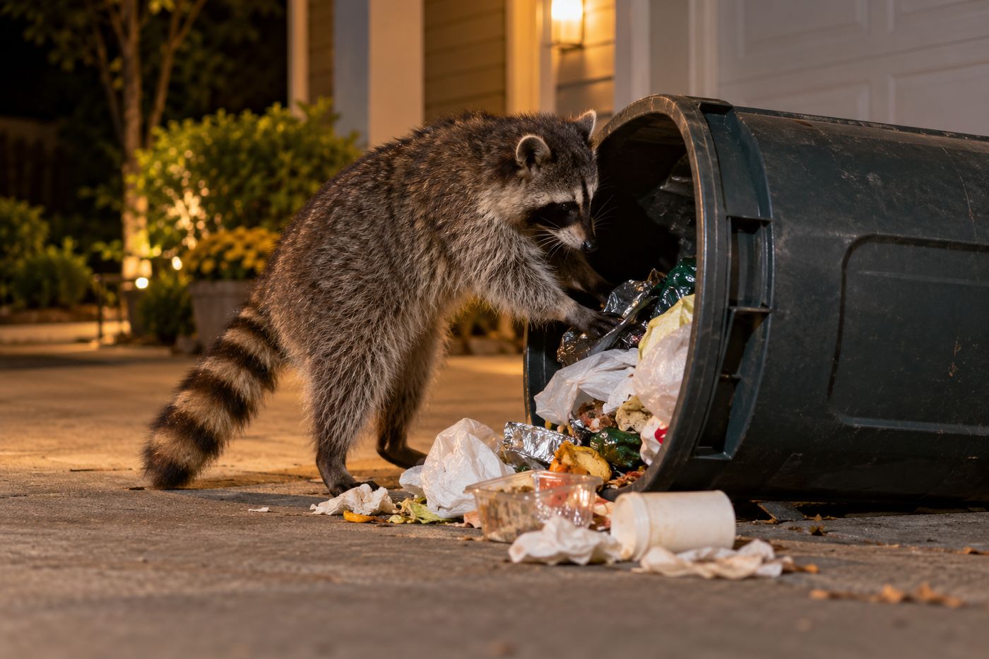 Raccoon reaching into a tipped-over trash can at night