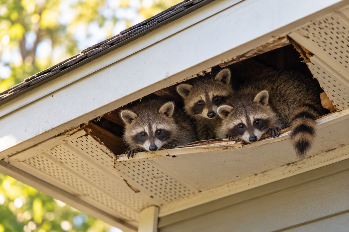 Raccoon kits peeking out of a gap in an attic soffit
