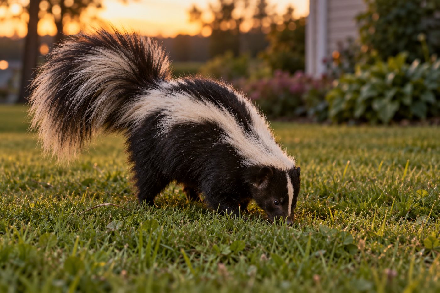 Striped skunk foraging in a suburban lawn at dusk