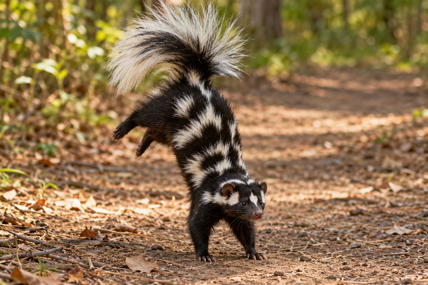 Eastern spotted skunk doing a handstand warning display