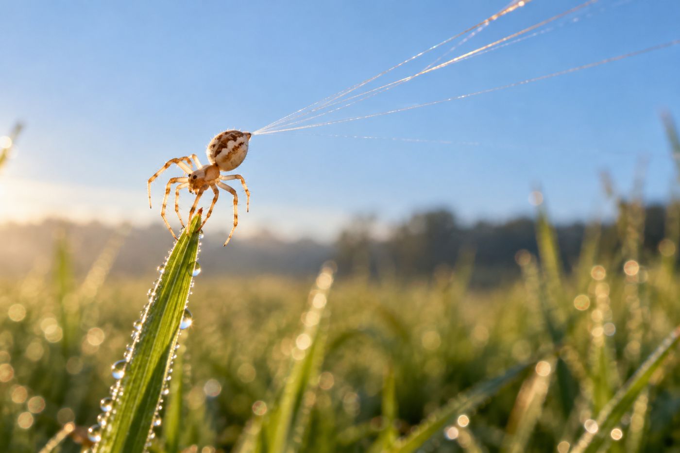 Tiny spiderling ballooning on fine silk threads against a blue sky over a meadow