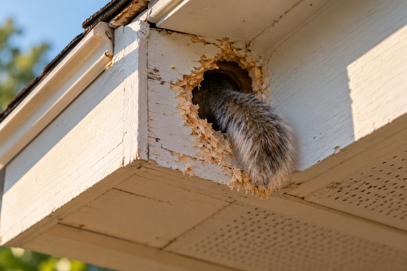 Gnawed hole in a roof soffit corner used by squirrels