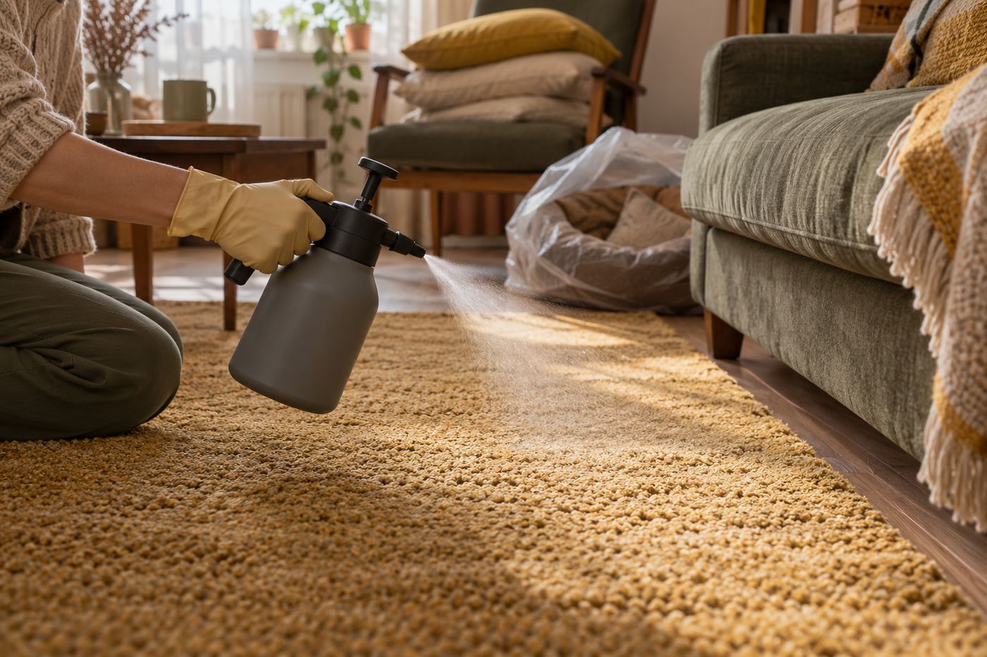 Hand-held pump sprayer over carpet next to a sofa in a living room
