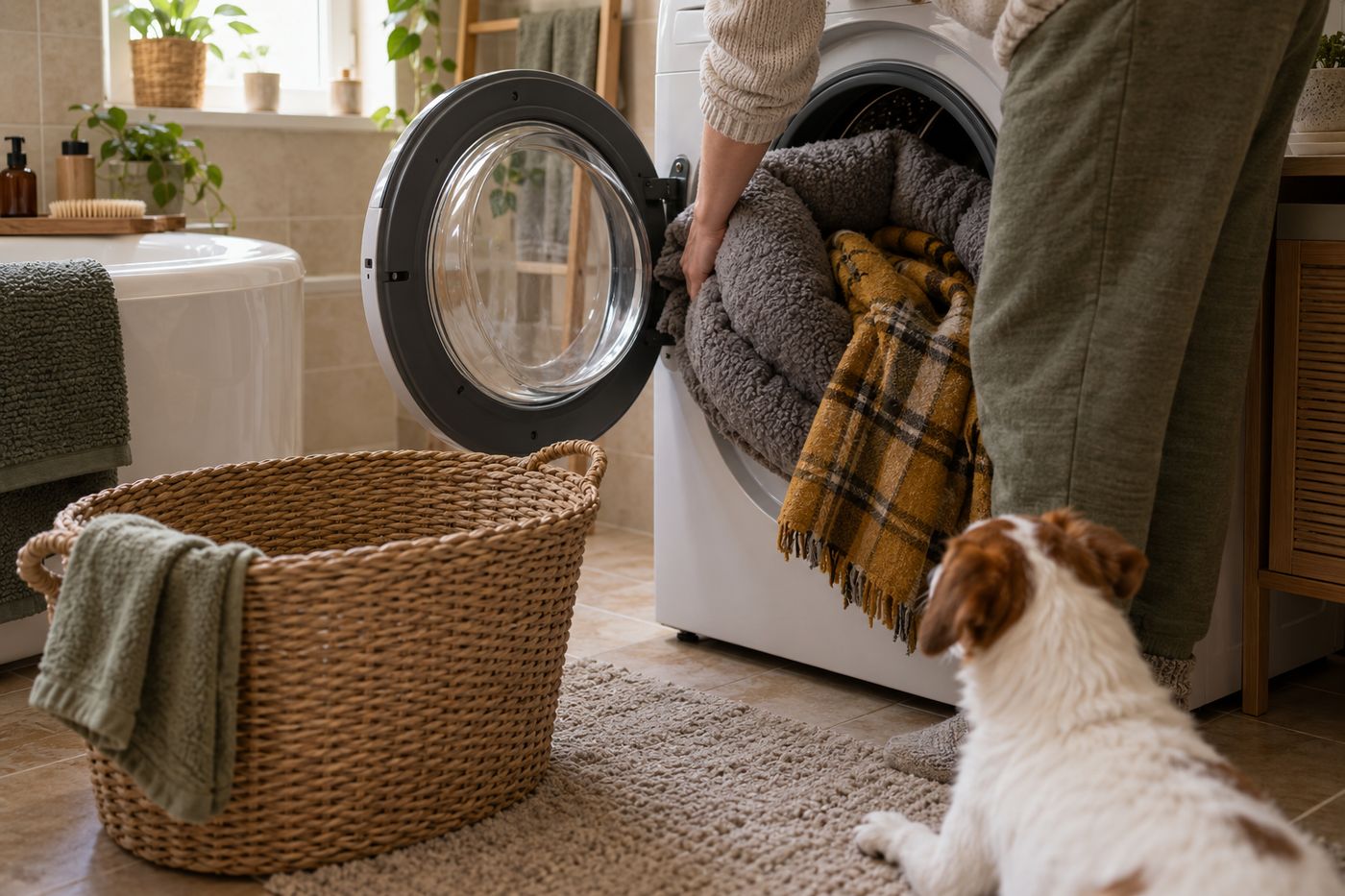 Dog bed and a throw blanket going into a washing machine