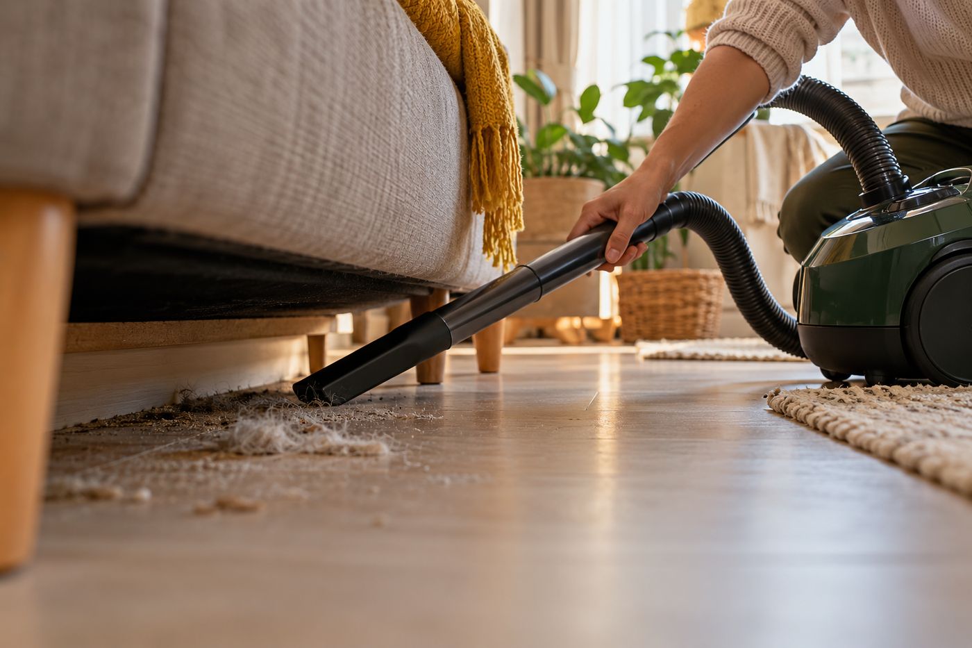 Vacuum crevice tool along a baseboard under a sofa