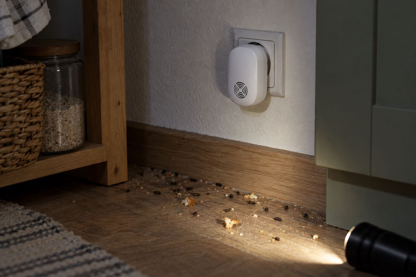 Plug-in ultrasonic repeller in a wall outlet above crumbs and droppings along a baseboard