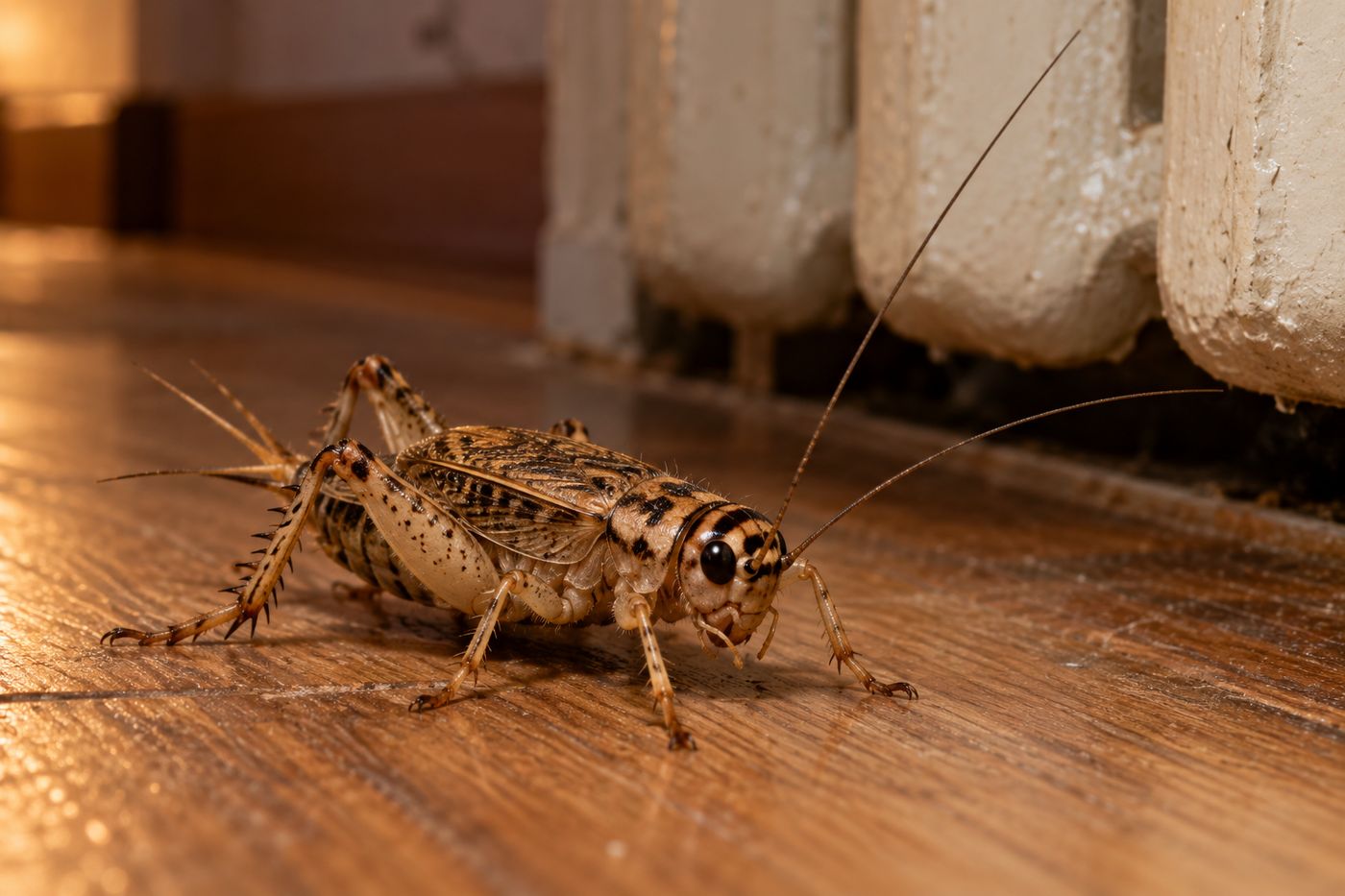 House cricket on the floor next to a heating radiator