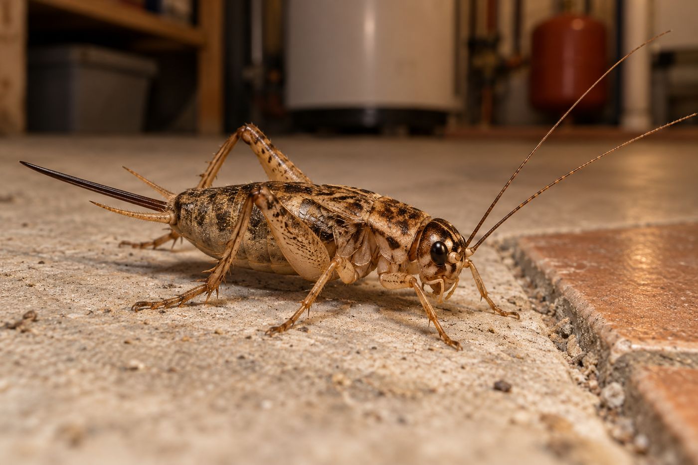 Female cricket with a long needle-like ovipositor at the tip of the abdomen