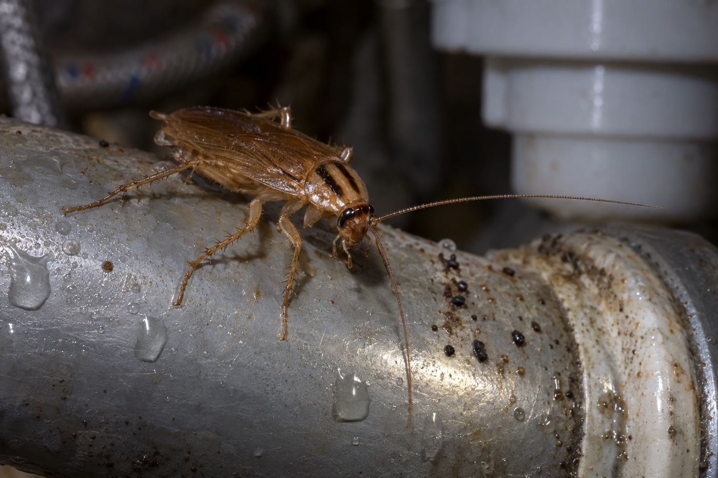 German cockroach next to a pipe under a kitchen sink
