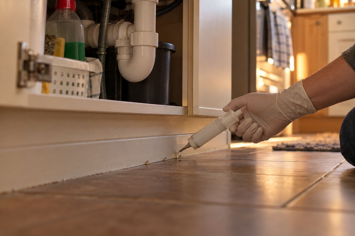 Dots of cockroach gel bait along a baseboard under a kitchen sink