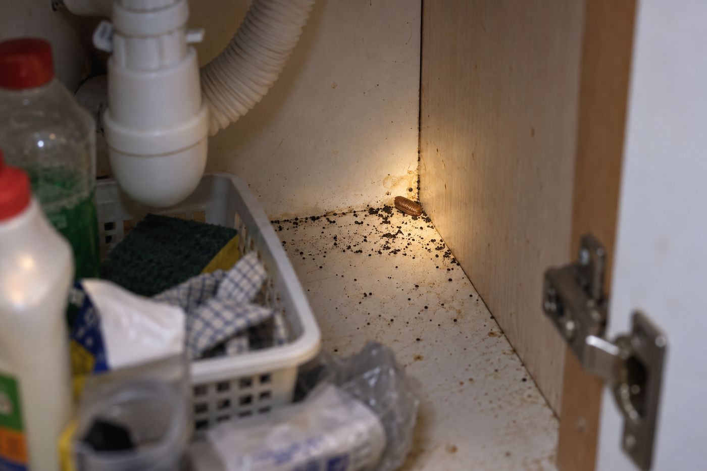 Cockroach droppings and an empty egg case in the corner of a kitchen cabinet
