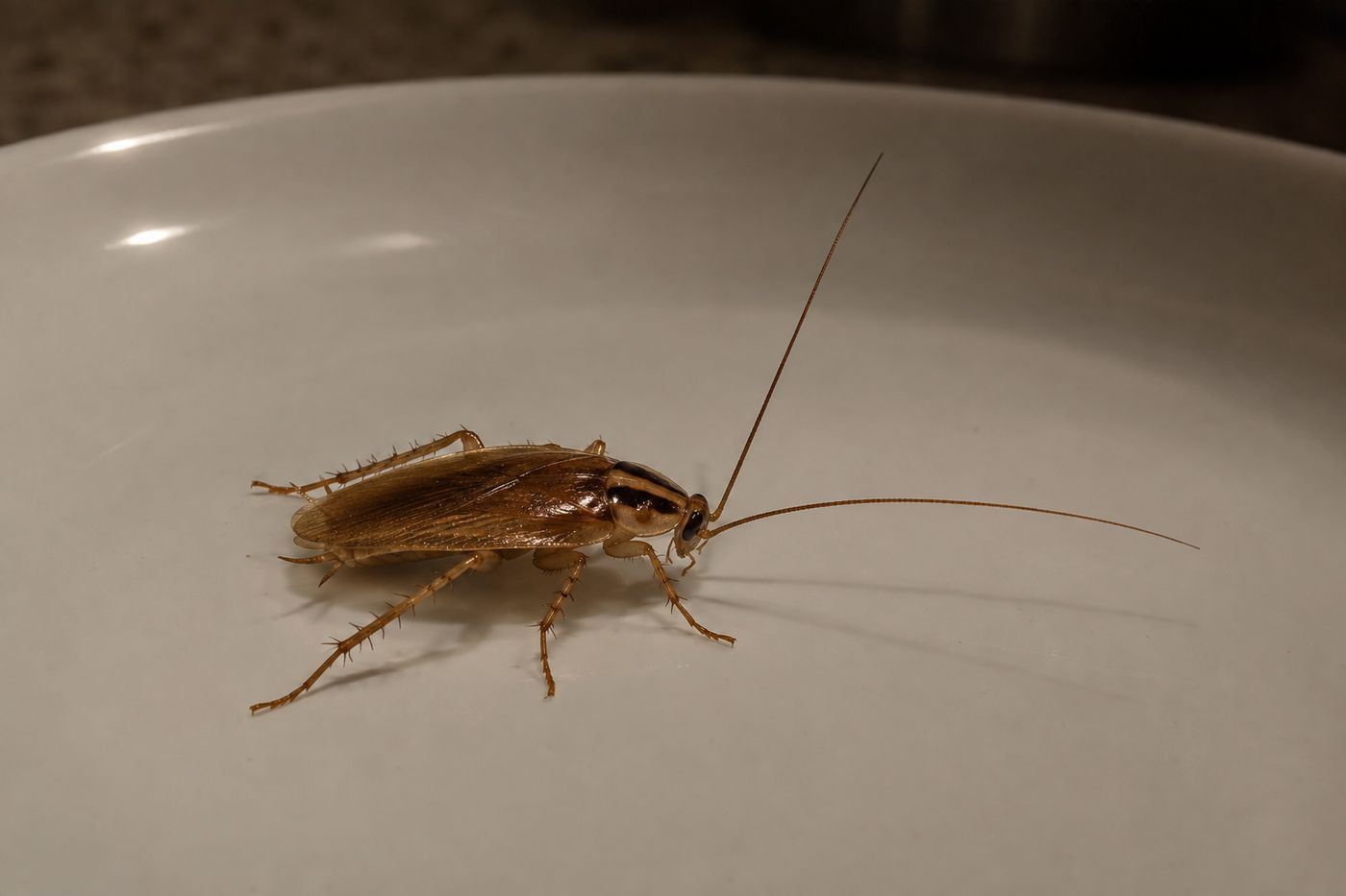 German cockroach on an empty plate with no crumbs