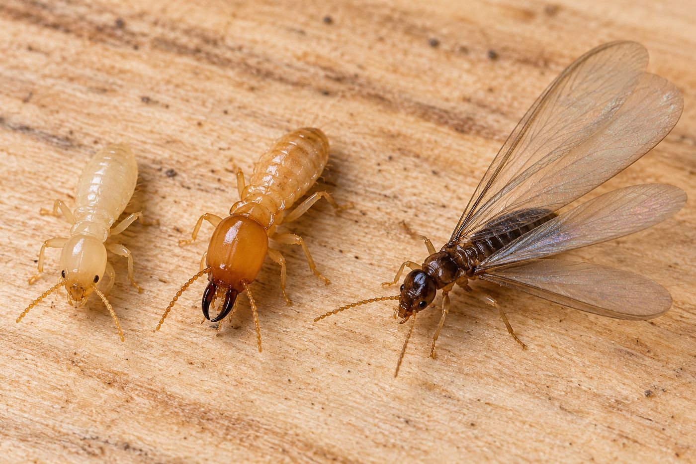 Termite castes side by side: pale worker, soldier with a large dark head, and a dark winged swarmer