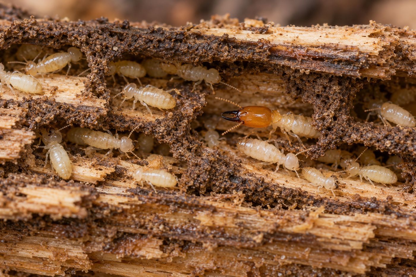 Pale cream termite workers and a soldier with a darker head inside a broken piece of damp wood